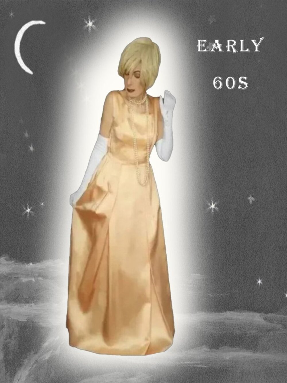 Vintage Satin Formal Back Bow Golden Peach Gown Jackie Kennedy Style